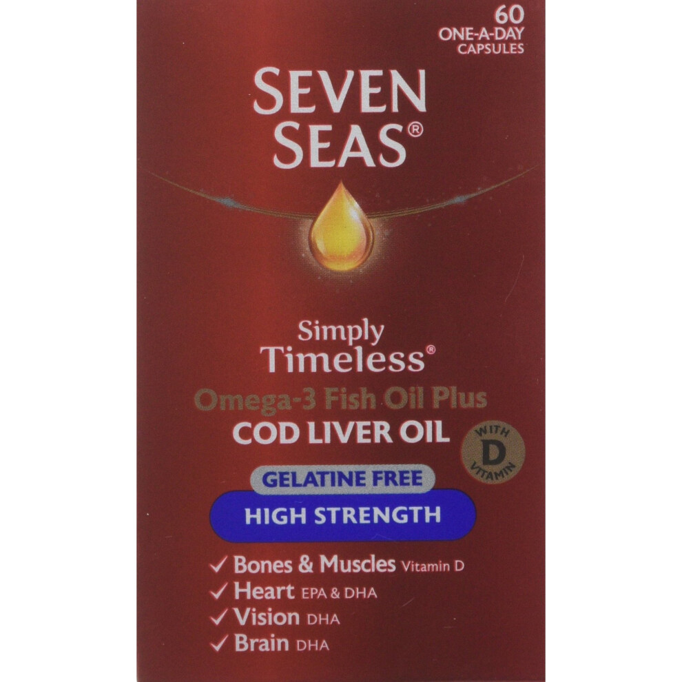 Seven Seas Omega-3 Fish Oil Plus Cod Liver Oil High Strength Gelatine Free 60 Capsules