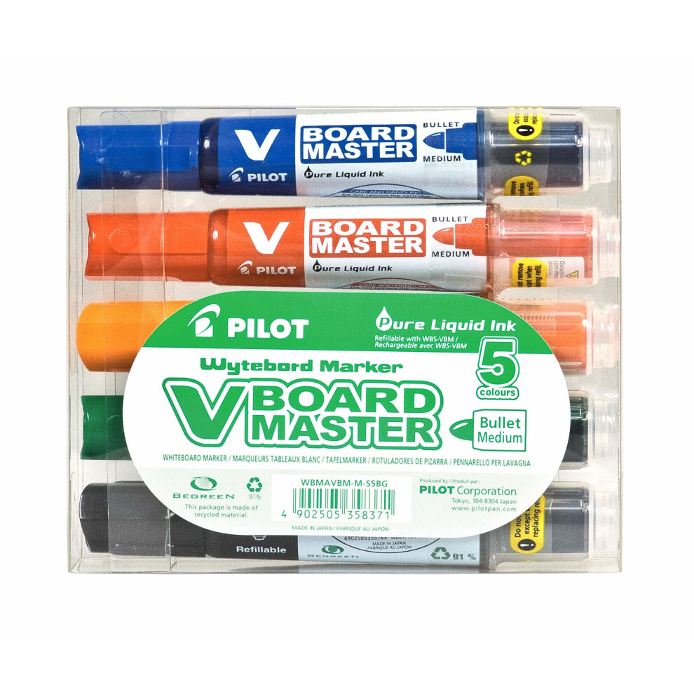 Pilot Begreen Recycled V Board Master Whiteboard Marker Bullet 6.0 mm Tip - Black/Red/Blue/Green/Orange, Wallet of 5