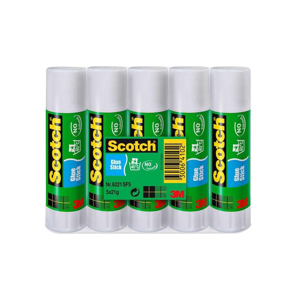 3M Scotch Permanent Glue Stick – Solvent-free and water-based adhesive stick for paper and cardboard - 1 x pack of 5 sticks (21 g each)