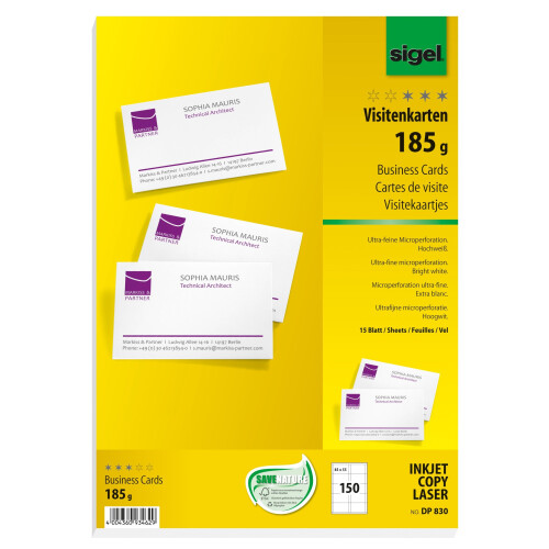 Sigel DP830 business cards, microperforated, white, 185 gsm, 150 pcs.=15 sheets