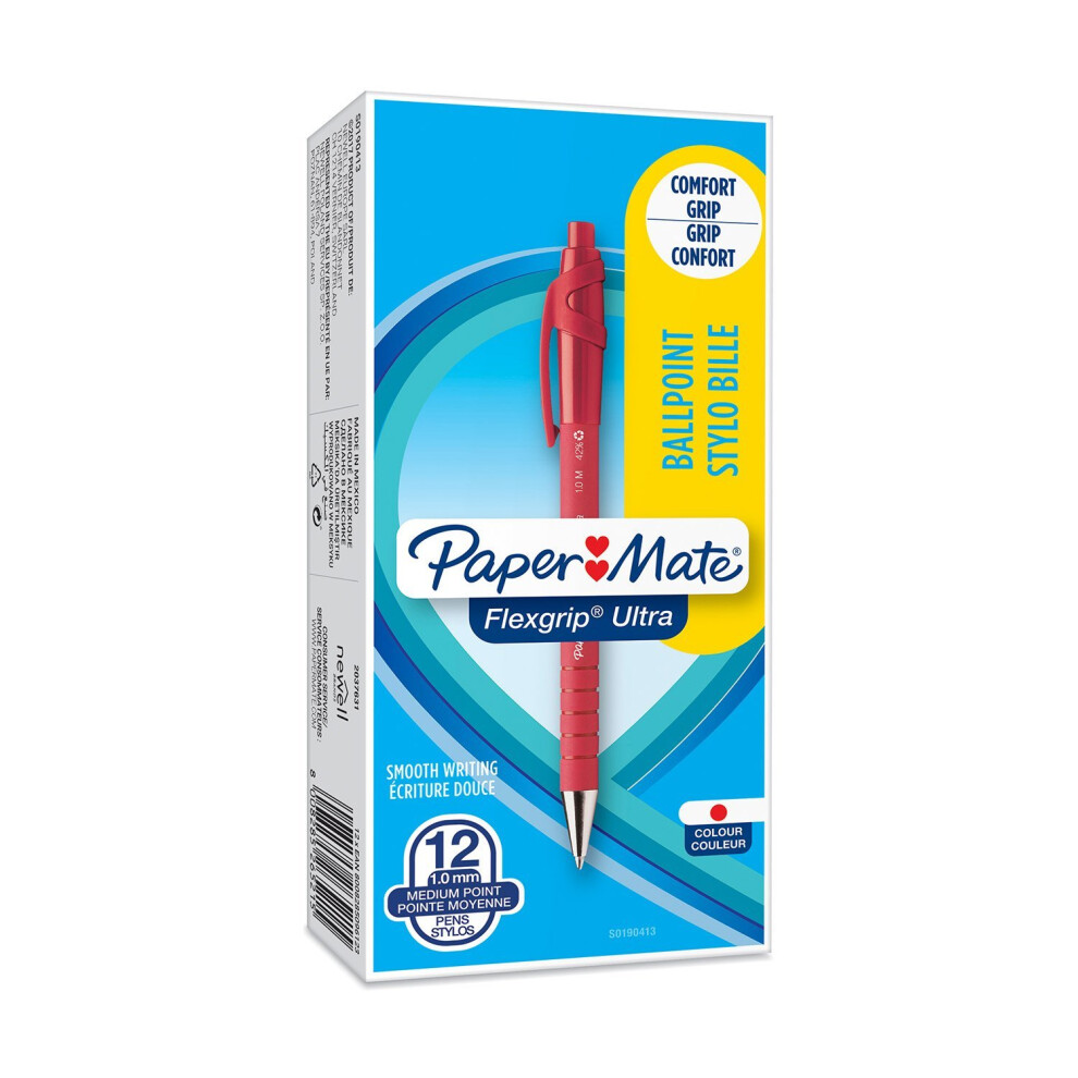 Paper Mate Papermate Medium Point (1.0 Mm) Flexgrip Ultra Retractable Ballpoint Pen, Box Of 12 Red