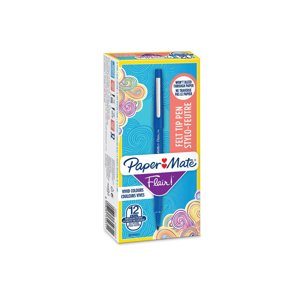 Paper Mate Flair Pen, 1.1mm Medium Tip, Blue, Box of 12