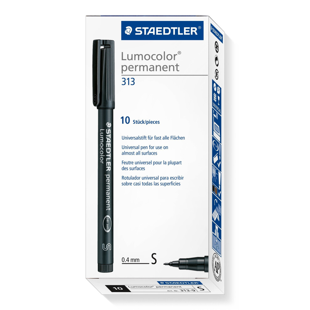 Staedtler 013143 313-9 Lumocolor Universal Permanent Superfine Pens - Black, Pack of 10