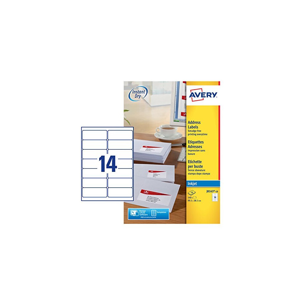 Avery J8163-10 Self-Adhesive Address/Mailing Labels, 99.1X38.1mm, 14 Labels/Sheet (140 Total), Quickdry Inkjet, Jam-Free, A4 Sheets