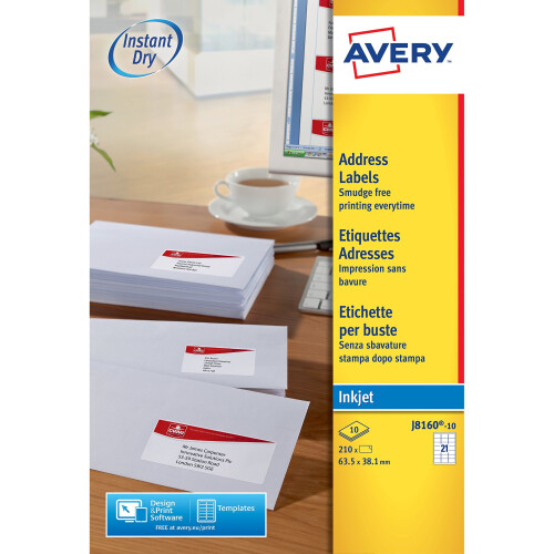 Avery J8160-10 Self-Adhesive Address/Mailing Labels, 21 Labels per A4 Sheet 2