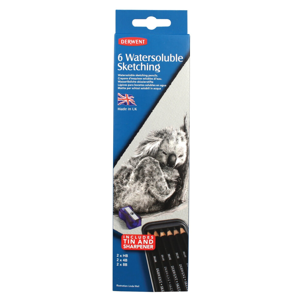 Derwent 0700837 Watersoluble Sketching Pencils, Set of 6, Includes 3 Shades (HB, 4B, 8B) and Pencil Sharpener, Professional Quality - Black