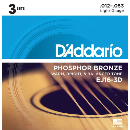 D'Addario EJ16-3D Phosphor Bronze Light  (.012-.053) Acoustic Guitar Strings 3-Pack