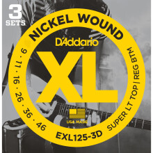 D'Addario EXL125-3D XL Nickel Wound Super Light Top/Regular Bottom  (.009-.046) Electric Guitar Strings 3-Pack