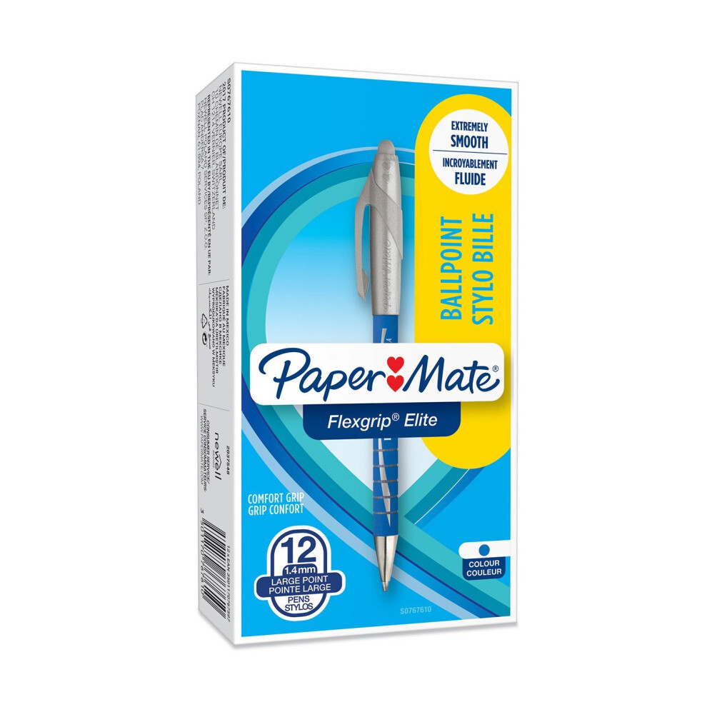 PaperMate Medium Point (1.4 mm) Flexgrip Elite Retractable Ballpoint Pen, Blue, Box of 12