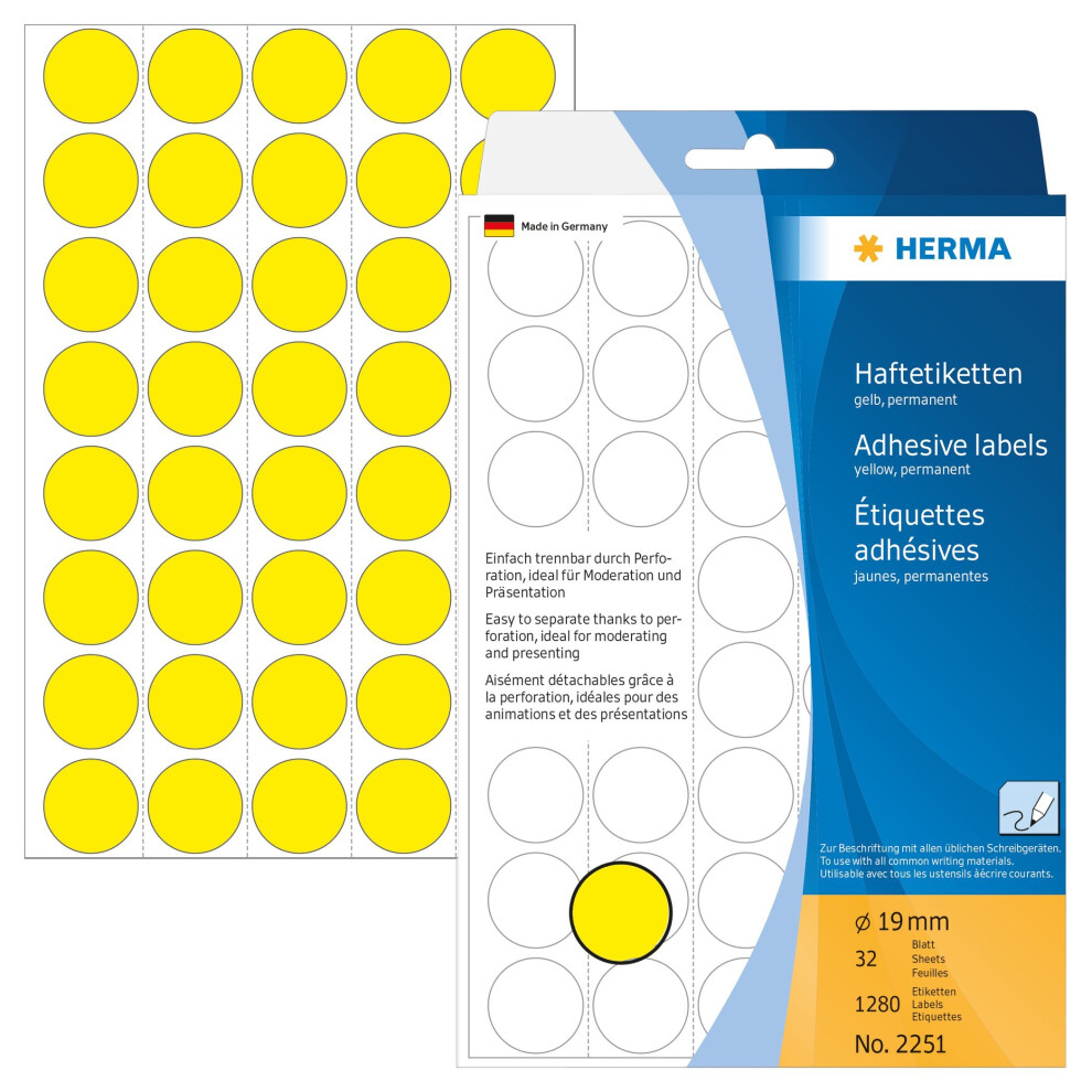HERMA 2251 Multi-purpose labels/colour dots Ø 19 mm round yellow paper matt backing paper perforated 1280 pcs.-image-OPC-PMYDJS-NEW