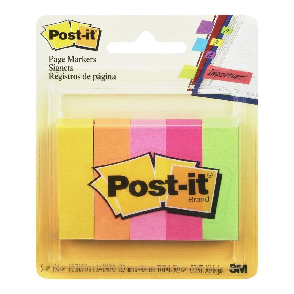 Post-it 670-5 15mm x 50mm Note Page Markers - Orange/ Green/ Yellow/ Pink/ Neon Pink (100 Sheets)