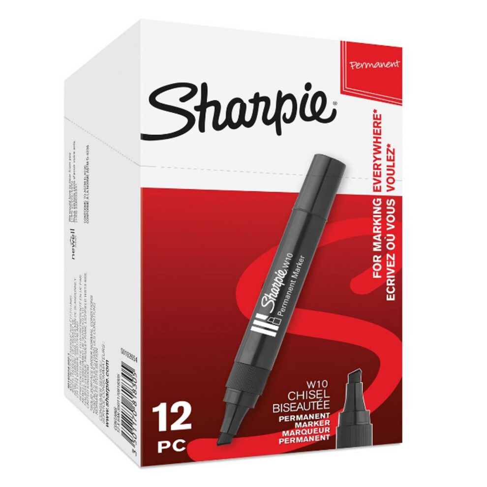 Sharpie W10 Permanent Markers, Chisel Tip - bold Black x12, multi surface use