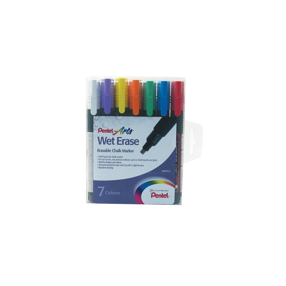 Pentel SMW26/7 Wet Erase Chalk Marker Medium Tip - Assorted Colours, Pack of 7