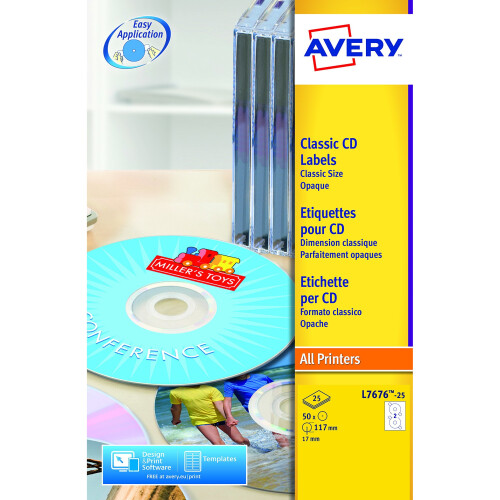Avery L7676-25 Self-Adhesive Full Face CD Labels, 2 Labels Per A4 Sheet