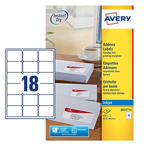 Avery J8161-25 Self-Adhesive Address/Mailing Labels, 18 labels per A4 sheet