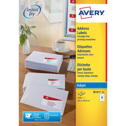 Avery J8161-25 Self-Adhesive Address/Mailing Labels, 18 labels per A4 sheet 2