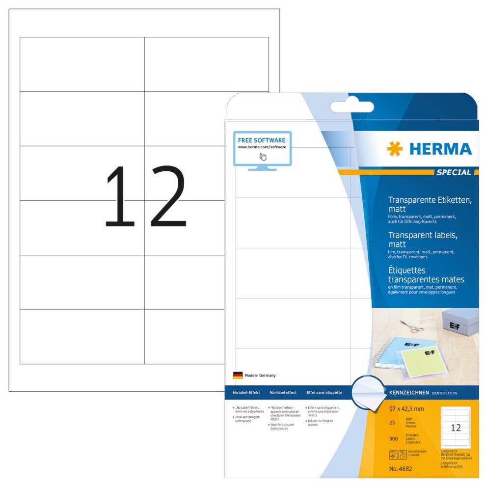 Herma 4682 Labels Transparent Matt A4 97X42,3 Mm Film 300 Pcs. 4052305236956
