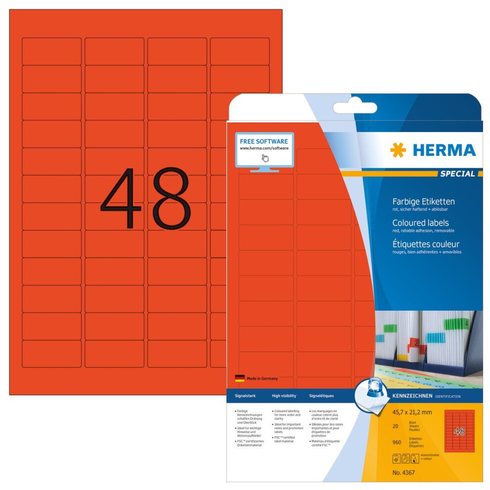 HERMA 4367 Coloured Labels A4 45,7x21,2 mm red removable paper matt 960 pcs.-image-OPC-PMYFCC-NEW