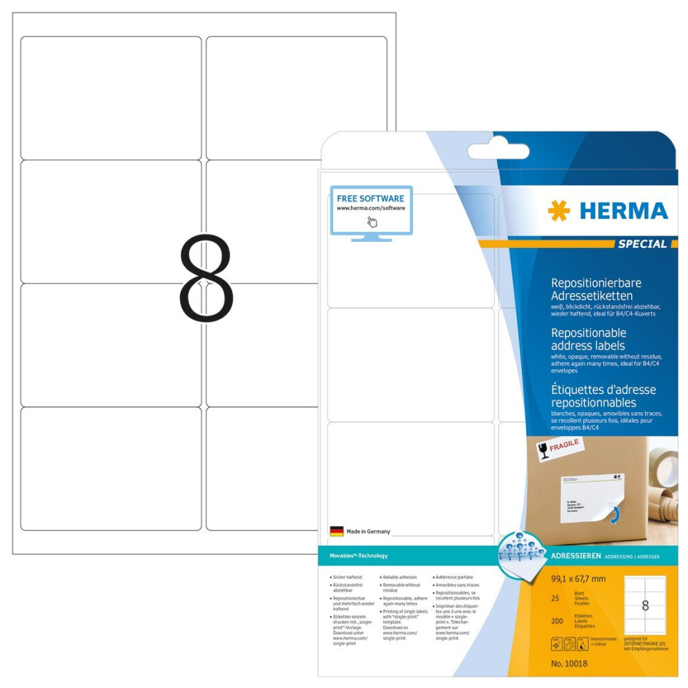 HERMA 10018 Repositionable address labels A4 99,1x67,7 mm white Movables paper matt 200 pcs.