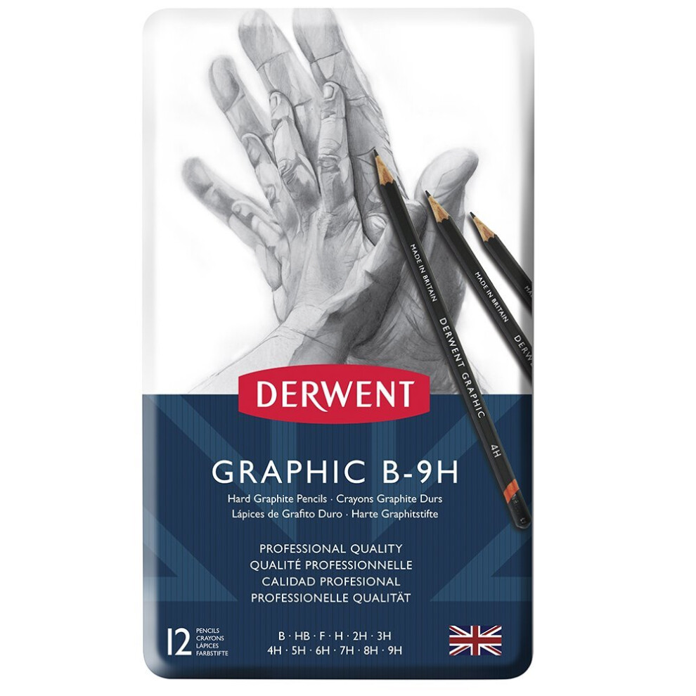 Derwent 34213 Graphic Hard Graphite Drawing Pencils,  Professional Quality, Grey, Set of 12