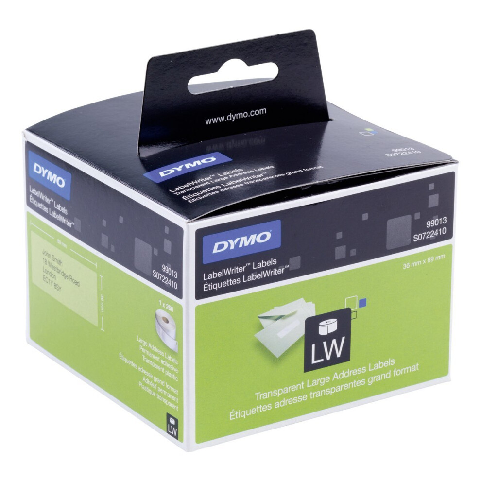 Dymo S0722410 Label Writer Address Labels, Self-Adhesive, Black Print on Clear, 36 x 89 mm - Roll of 260