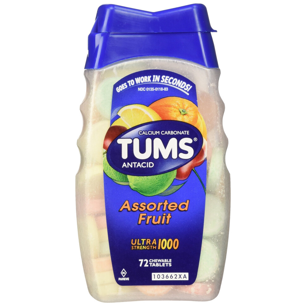 Tums Ultra Maximum Strength Chewable Tablets, Assorted Fruit - 72 Ea