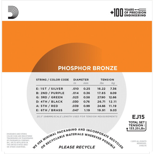 D'Addario EJ15 Phosphor Bronze Extra Light (.010-.047) Acoustic Guitar Strings 2