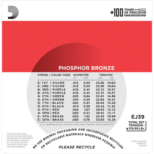 D'Addario EJ39 Phosphor Bronze Medium  (.012-.052) 12-String Acoustic Guitar Strings 2