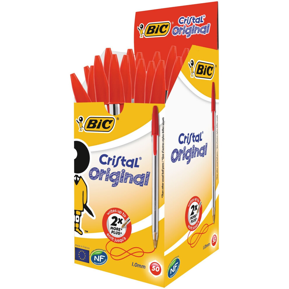 BIC Cristal Original Ballpoint Pens Medium Point (1.0 mm) â Red, Box of 50