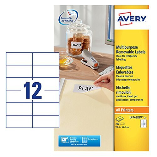 Avery L4743REV-25 Self-Adhesive Removable Labels, 12 Labels Per A4 Sheet