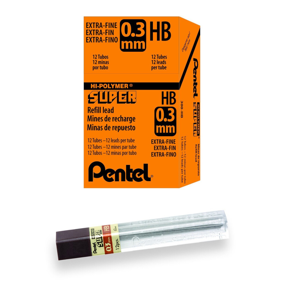 Pentel Hi-Polymer Lead Refills, Hb, 0.3 Mm - 12 X Tubes Of 12