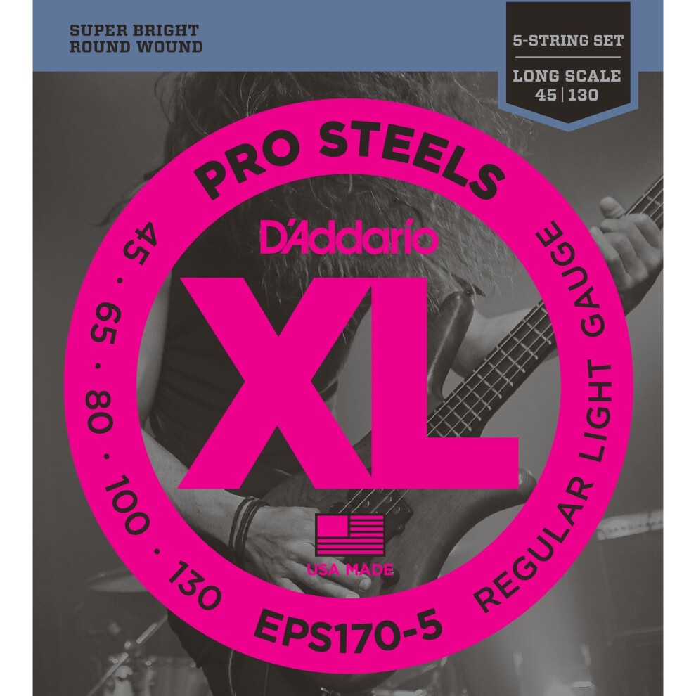 D'Addario EPS170-5 XL ProSteels Regular Light (.045-.130) 5-String Electric Bass Guitar Strings