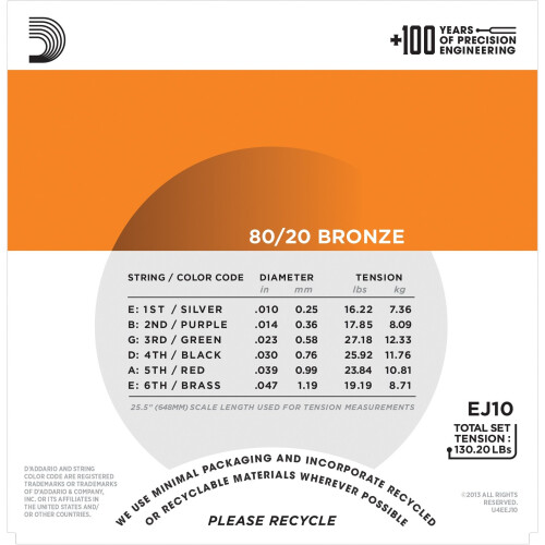 D'Addario EJ10 80/20 Bronze Extra Light  (.010-.047) Acoustic Guitar Strings 2