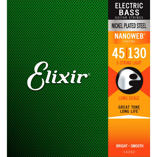 Elixir Bass Guitar Sets Ultra-Thin Nanoweb Coating Long Scale, 5 String - Medium (0.045-0.130)