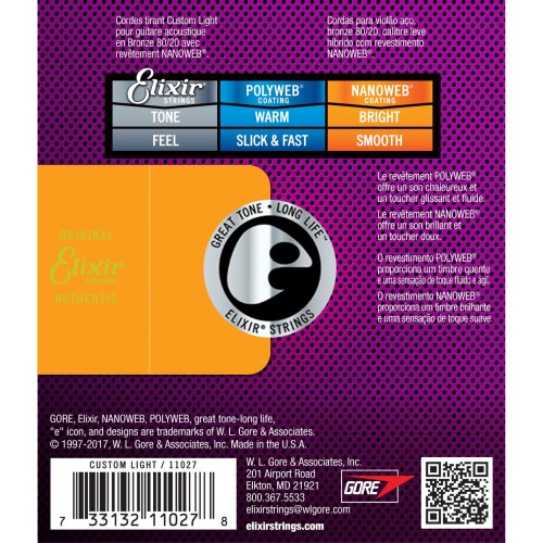 Elixir 80/20 Bronze Acoustic Sets Ultra-Thin Nanoweb Coating - Custom Light (0.011-0.052) 1