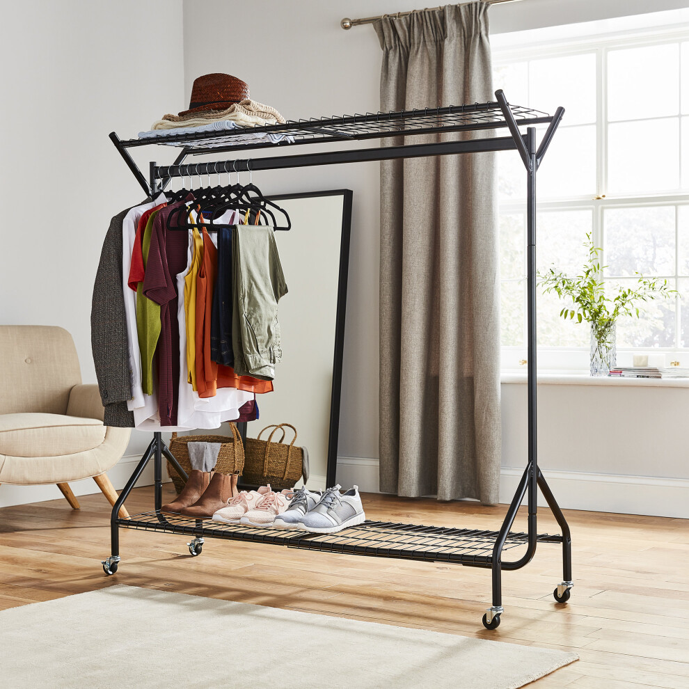 6ft  x 5ft Black Heavy Duty Hanging Clothes Rail with Shoe Rack Shelf