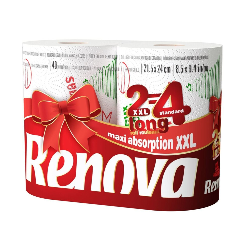 Renova White Print 2 Ply Christmas Xmas Kitchen Home Tissue Rolls Towels - 2 Rolls