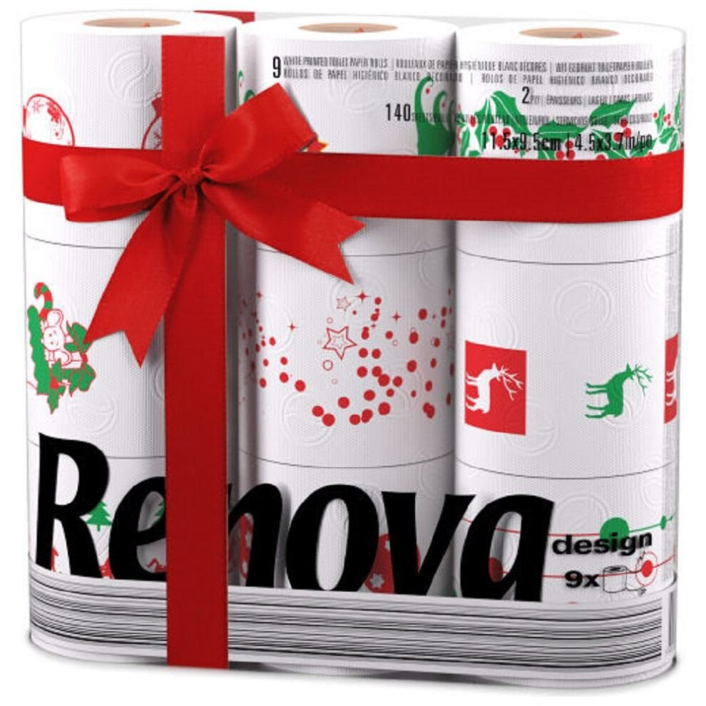 Renova White Print 2 Ply Christmas Xmas Toilet Tissue Paper Rolls (9 Rolls)