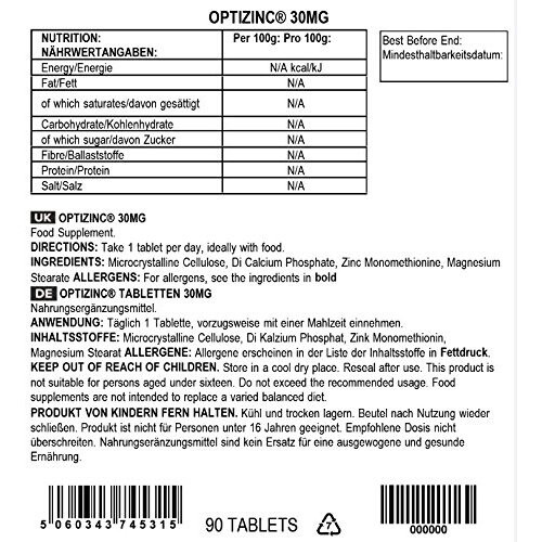 BULK POWDERS BULK POWDERS Pure OptiZinc Tablets, 30 mg, Pack of 90 1