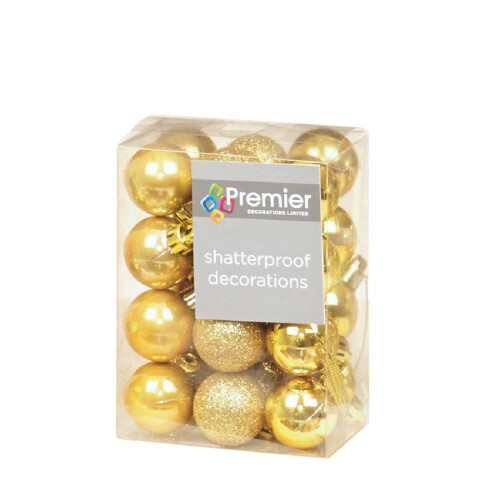 Premier 24 x Gold shatterproof Christmas tree Baubles Decorations Mixed finishes