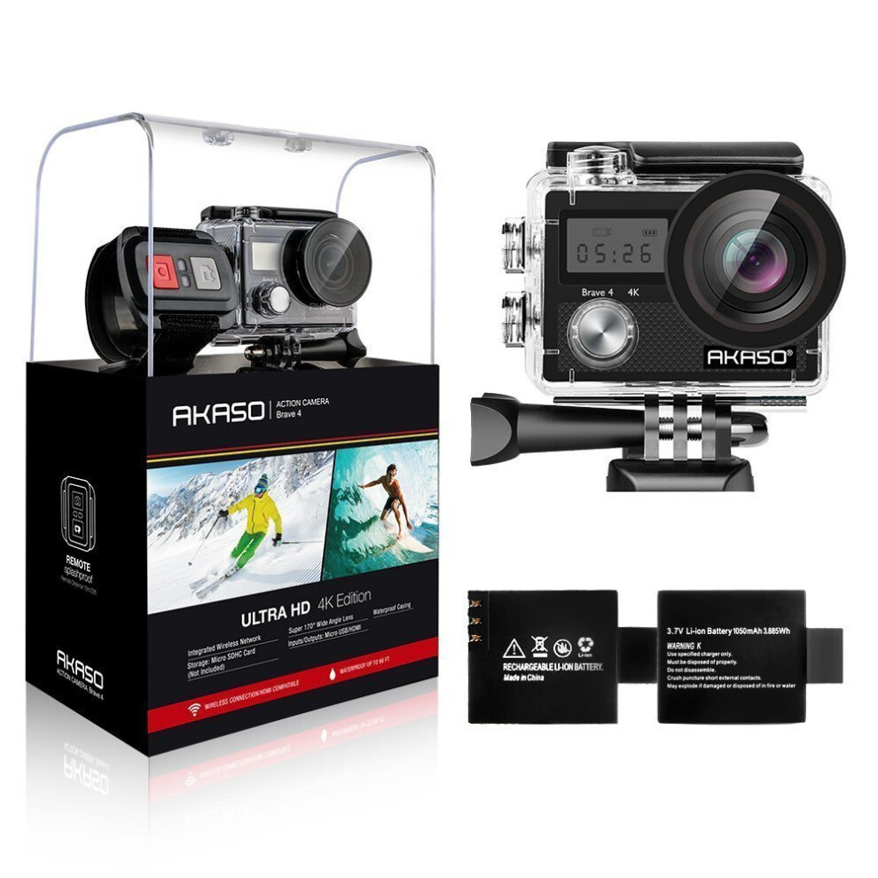 AKASO Brave 4 4K 20MP Wifi Action Camera Sony Sensor Ultra HD with EIS 30m Underwater Waterproof Camera Remote Sports Camcorder with 2 Batteries...
