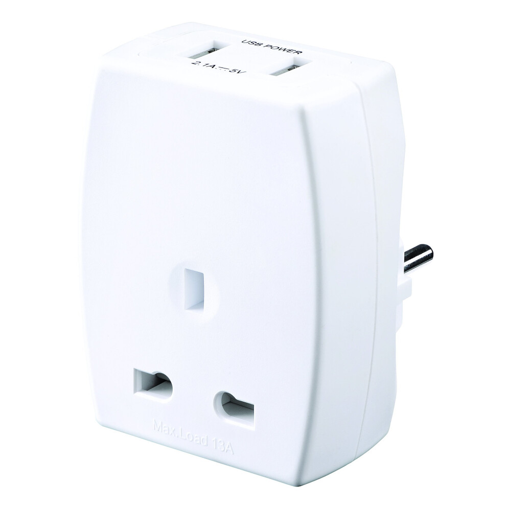 Masterplug Tausbeur2 Uk To Eu Plug Adapter Converter With 2.1 A Usb Charger - White 5015056537313
