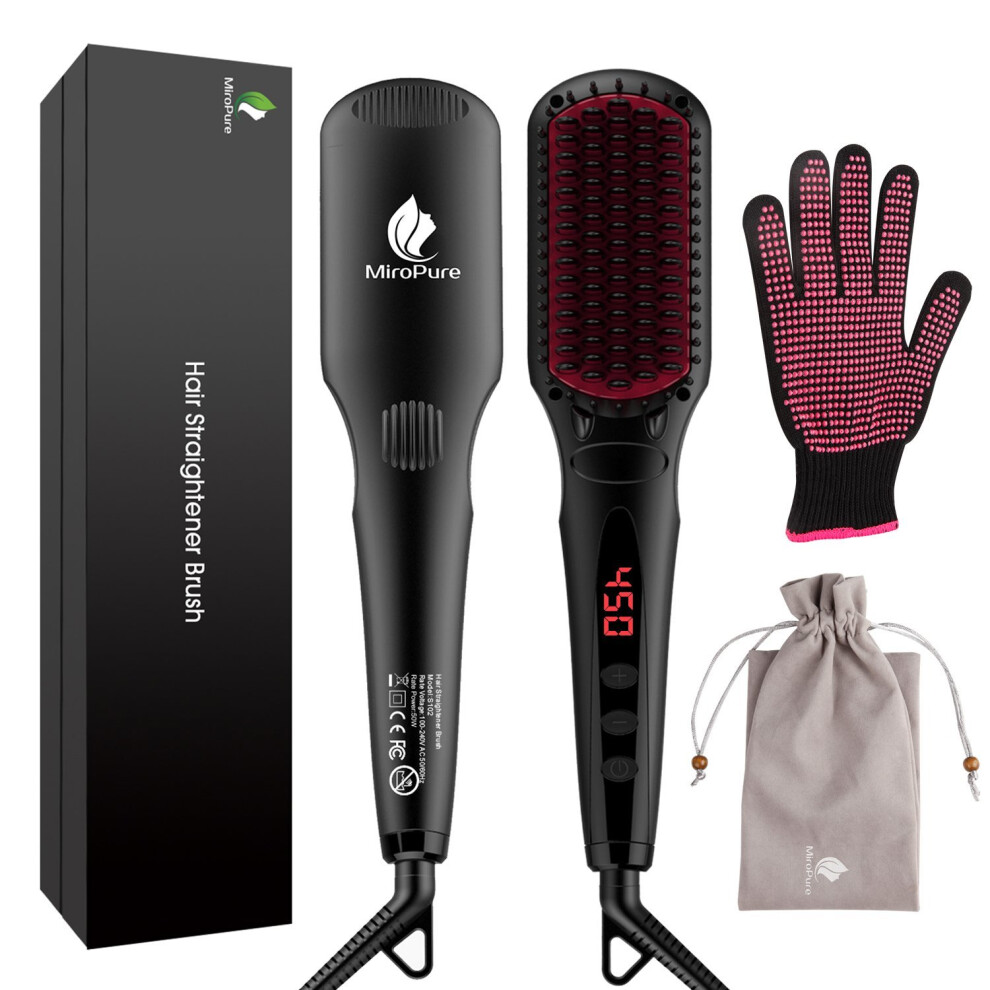 2-in 1 Ionic Hair Straightener Brush MCH Heating Hair Straightening Irons with Free Heat Resistant Glove and Temperature Lock Function