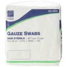 Premier 1660 Cotton Gauze Swabs 8 Ply 10 cm x 10 cm White Paper Packs (Pack of 100)
