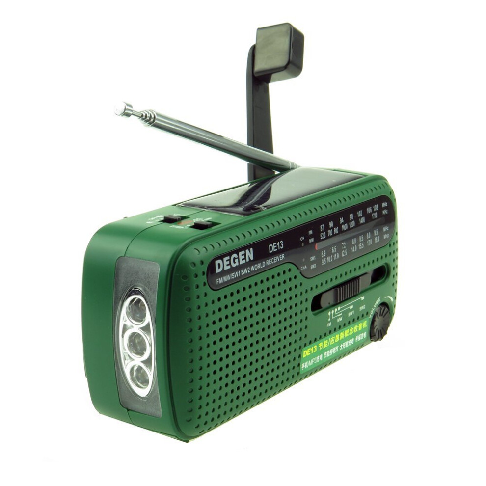 DE13 Crank Solar Radio: Degen FM/AM/SW World Receiver, Dynamo & Solar Power, USB Phone Charger, LED Light, Emergency Backup