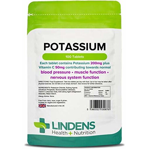 Lindens Potassium 200mg Tablets | 100 Pack | With 50mg Vitamin C per tablet and contributing towards normal blood pressure, muscle function and...