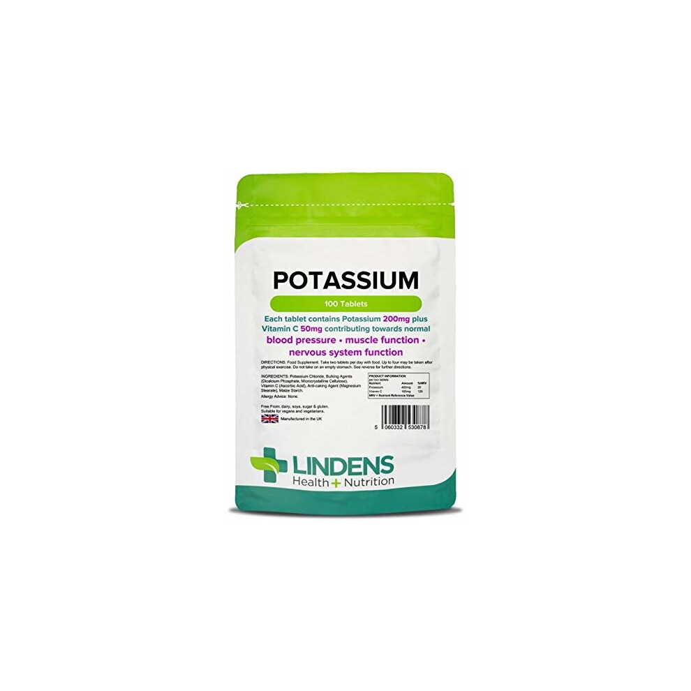 Lindens Potassium 200mg Tablets | 100 Pack | With 50mg Vitamin C Per Tablet And Contributing Towards Normal Blood pressure, Muscle Function and..