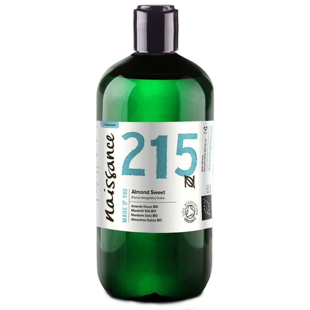 Naissance Organic Sweet Almond Oil (No. 215) 500Ml - Pure & Natural, Certified Organic, Cold Pressed, Vegan, Hexane Free & No Gmo