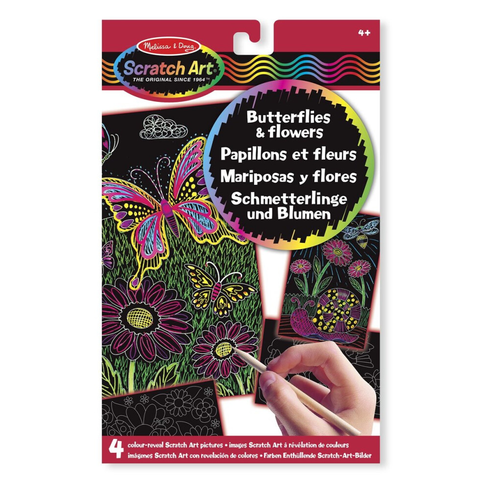 Melissa & Doug Scratch Art Activity Kit: Butterflies and Flowers - 4 Boards, Wooden Stylus