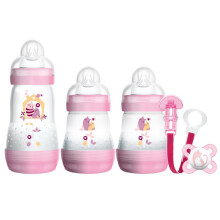 MAM Welcome to The World Gift Set (Pink) GP0009G - Self-Sterilising Bottles (3-Min Microwave), Soother & Clip, 80% Less Colic, Birth-2 Months Soother